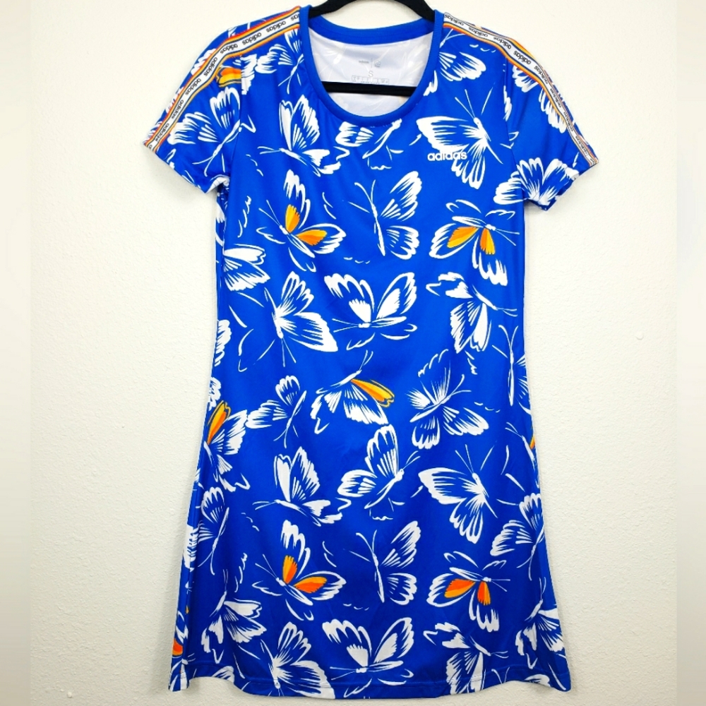 Adidas x Farm Rio Blue & White Tropical Print Athletic Dress with Butterflies